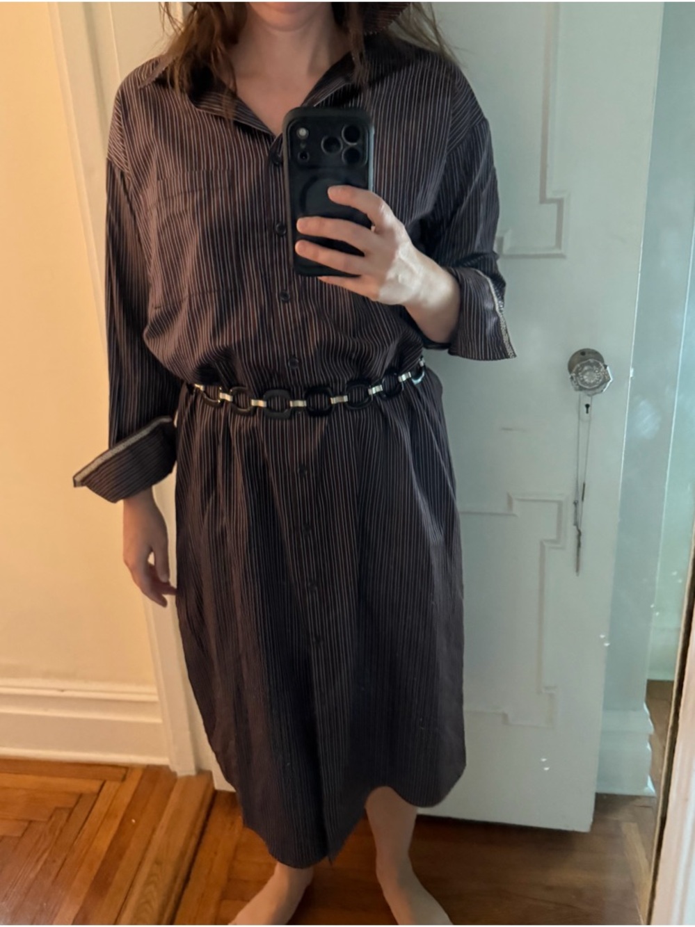 Peruvian Connection Striped Midi Shirt Dress in Maroon and White